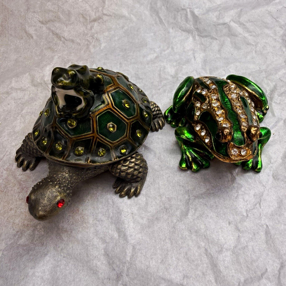 Turtle & Frog Hinged Trinket Boxes Set - Lot of 2 Decorative Boxes